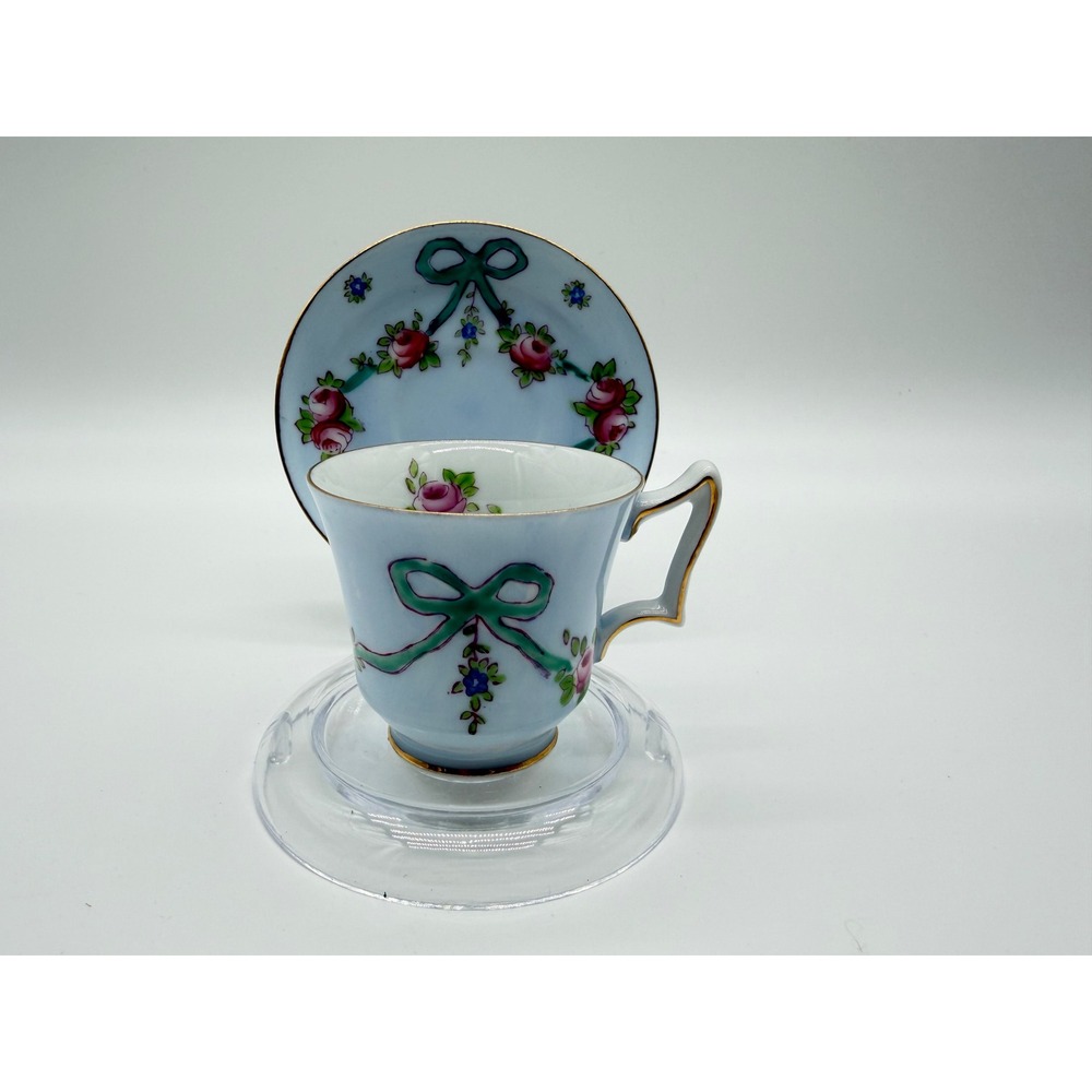 Vintage Hand Painted Porcelain Teacup and Saucer Blue Pink Roses Gold Trim